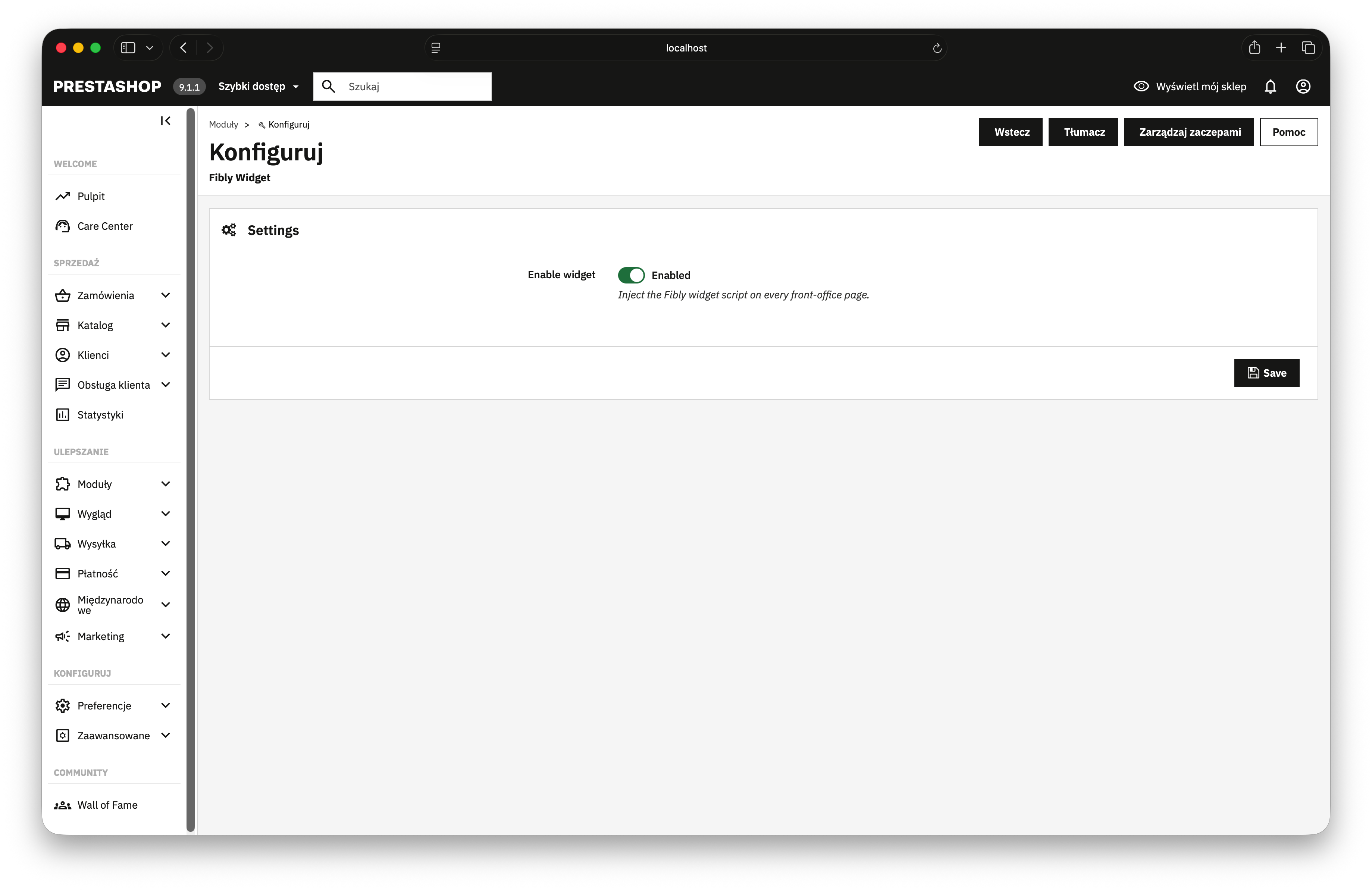 Fibly module configuration in PrestaShop