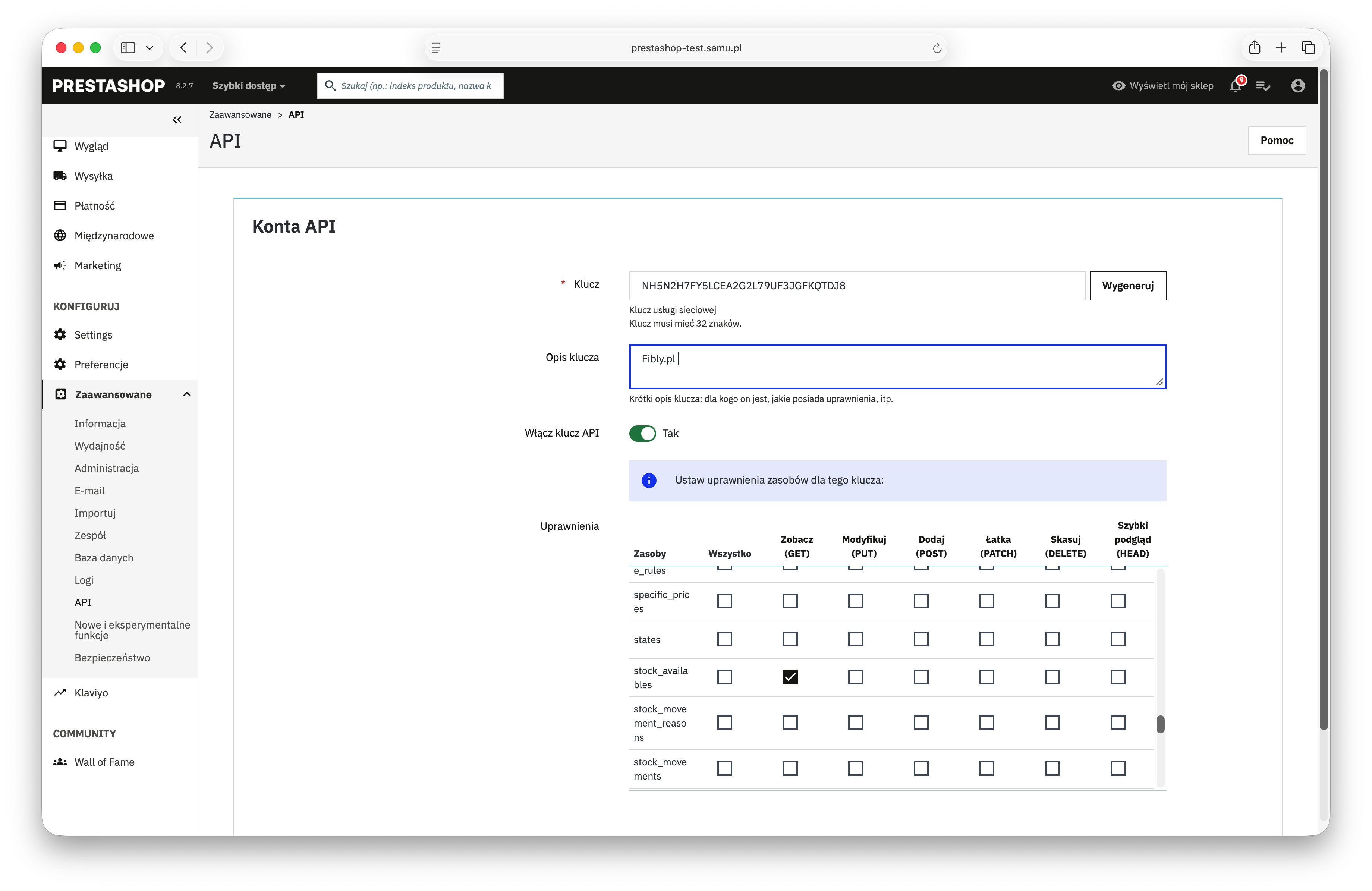 Creating a Webservice API key in the PrestaShop admin